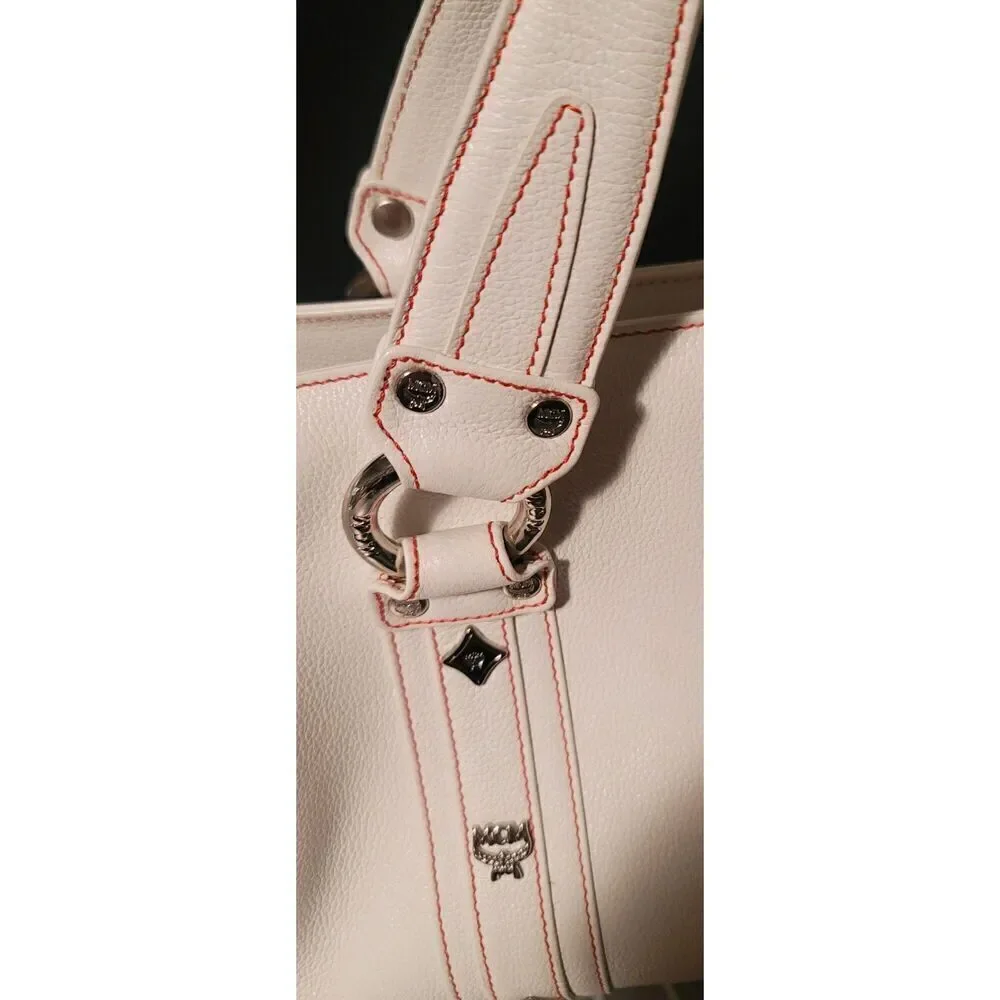 MCM White Leather Shoulder Bag with Red Stitching